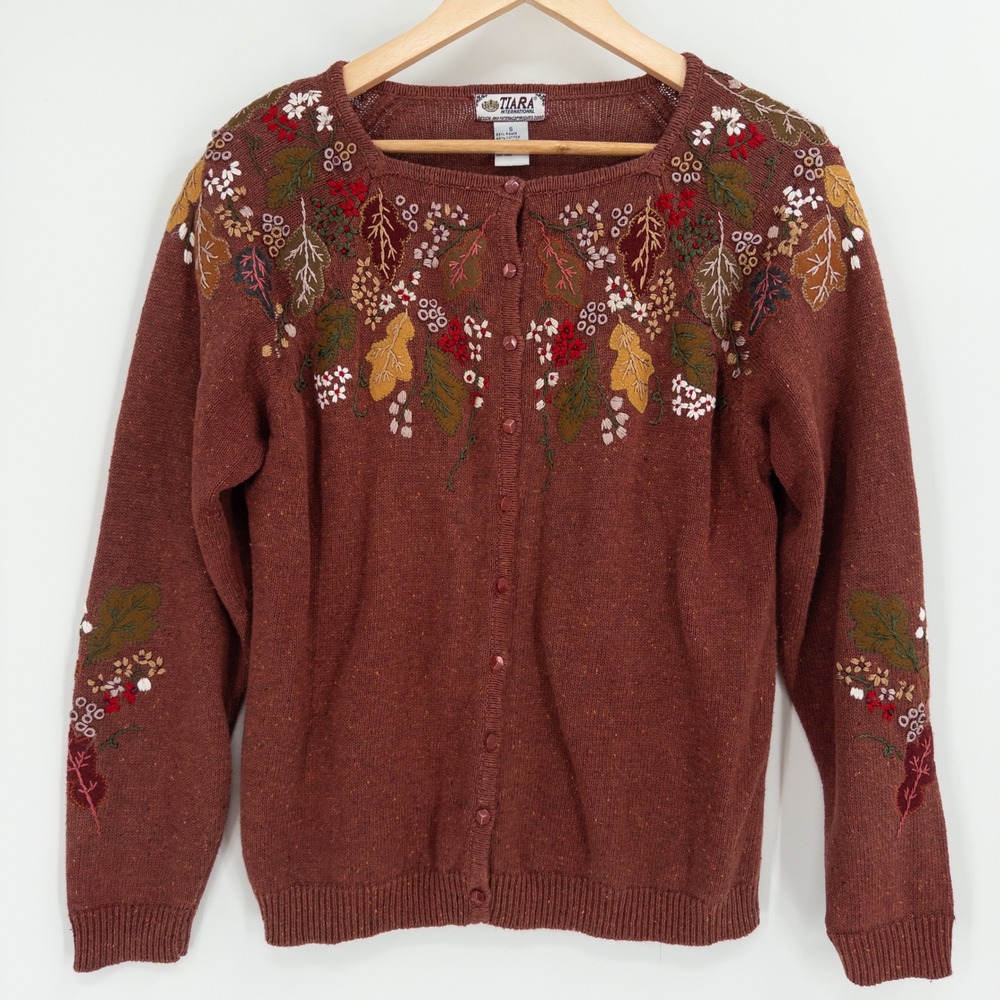 Vintage Tiara Cardigan Women S Orange Embroidered Leaf Fall Granny Cottage Boho